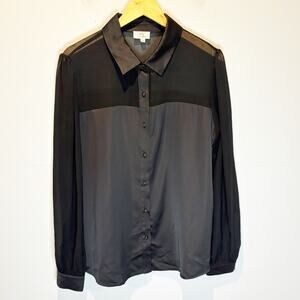 Camila Coelho Black Satin & Sheer Button Down Shirt - size XL